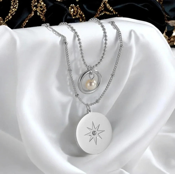🆕️18K White Gold Plated Star Charm Minimalist Layered Necklace Dainty Pearl - Picture 1 of 13